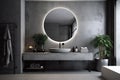 room luxury sink bathroom home gray interior design mirror concrete illumination. Generative AI.