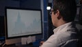 Man trader looking at the screen with stock market graphs, home office