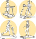 Home training illustration. Hand drawn vector of a women and a man on treadmill.