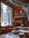 Home in a tree hole, Wooden flooring, It has a wood-burning stove, Rich furniture, Winter landscape, Cabin punk, Multi color