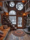 Home in a tree hole, Wooden flooring, It has a wood-burning stove, Rich furniture, Winter landscape, Cabin punk, Multi color