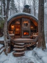 Home in a tree hole, Wooden flooring, It has a wood-burning stove, Rich furniture, Winter landscape, Cabin punk, Multi color