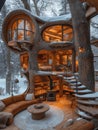 Home in a tree hole, Wooden flooring, It has a wood-burning stove, Rich furniture, Winter landscape, Cabin punk, Multi color