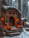 Home in a tree hole, Wooden flooring, It has a wood-burning stove, Rich furniture, Winter landscape, Cabin punk, Multi color