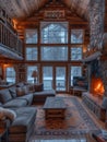 Home in a tree hole, Wooden flooring, It has a wood-burning stove, Rich furniture, Winter landscape, Cabin punk, Multi color