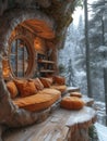 Home in a tree hole, Wooden flooring, It has a wood-burning stove, Rich furniture, Winter landscape, Cabin punk, Multi color