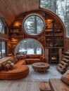 Home in a tree hole, Wooden flooring, It has a wood-burning stove, Rich furniture, Winter landscape, Cabin punk, Multi color