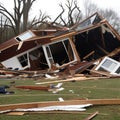 Home and trees destroyed by a tornado with scattered debris