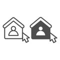 Home user and mouse cursor line and solid icon, remote work concept. Vector graphics. User house with mouse pointer sign