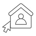 Home user and mouse cursor thin line icon, remote work concept. Vector graphics. User house with mouse pointer sign on