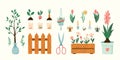 Home vegetables gardening hobby illustrations set. Vector plants, flowers, and garden tools spring seasonal flat style