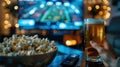 Home viewing of football match with beer, popcorn and remote control on table in front of modern TV and American football stadium