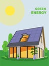 Home virtual battery energy storage with house photovoltaic solar panels on roof and rechargeable li-ion electricity backup.