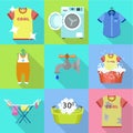 Home washing icon set, flat style