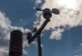 Home weather station on a background of blue sky with the sun behind the clouds. Measurement of temperature, humidity and wind dir