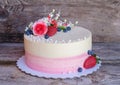 Home wedding white and pink cake with flowers Royalty Free Stock Photo