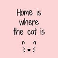 Home is where the cat is handwritten lettering with a cute cate ears and nose isolated on pink background illustration