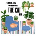 Home is where the cat is postcard. Cat on a stool in scandic stylish room interior. Home lagom decorations. Cozy season. Modern