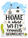 Home is where wifi connects automatically. Fun phrase about internet. Handmade lettering in hand drawn house with cat Royalty Free Stock Photo