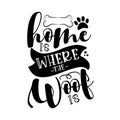 Home is where the woof is - funny hand drawn vector saying with bone and paw print.