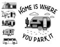 Home Is Where You Park It. Typography Poster With Small Tiny Houses. Modern Mobile Travel Trailers. Inspirational Vector