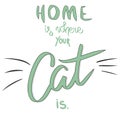 Home is where your cat is. Vector hand drawn saying with cat mustache. Funny sign card black cat. Twxt illustration poster, banner