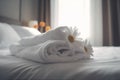 window spa flower bedchamber bed modern welcome towel comfortable bath. Generative AI. Royalty Free Stock Photo