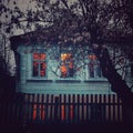 home, window, lights, tree, blue