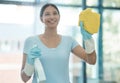 Home, window and woman cleaning her house windows with glass washing cleaner spray. Spring clean job of a happy maid Royalty Free Stock Photo