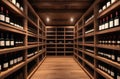 old cellar with bottles and barrels, wooden wine shelves, wine cellar, aesthetic storage, expensive alcoholic Royalty Free Stock Photo