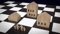 The home wood toy on chess board for property or real estate business 3d rendering