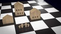 The home wood toy on chess board for property or real estate business 3d rendering