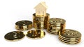 The home wooden gold coins group 3d rendering on white background for property content