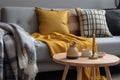 home wooden sofa cushion house grey yellow interior decor modern pillow. Generative AI. Royalty Free Stock Photo