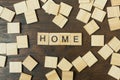 Home word on wood plate abstract background.