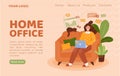 Home work office. Landing page. Freelance business occupation. Woman with laptop on sofa. Remote computer job. Girl