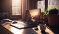 Home work place with laptop, and blooming brunch in vase on windowsill near window on sunset or sunrise. Freelance Royalty Free Stock Photo