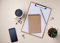 Home work. zero waste  flat lay with cup of coffee, craft note, pencil, phone and succulent  on yellow background Royalty Free Stock Photo