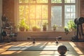 home workout session, exercise equipment in a bright living room Royalty Free Stock Photo