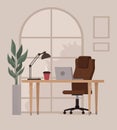 Home workplace. Loft office work space with big window and plant. Coworking space concept Royalty Free Stock Photo