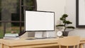 Home workplace in minimal Japanese interior style with PC computer mockup on wooden table Royalty Free Stock Photo