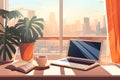 Home workplace. Office space interior with furniture, window, laptop. Indoor workspace. Royalty Free Stock Photo