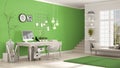 Home workplace, scandinavian white and green room, corner office