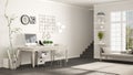 Home workplace, scandinavian white room, corner office, classic