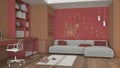 Home workplace with space devoted to pet in red and wooden tones. Desk with chair, bookshelf and dog bed with gate. Velvet sofa,