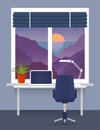 Home workplace at the window with desk, laptop, desk lamp. Room plant in pot on the windowsill. Blinds on the window. Mountains, s Royalty Free Stock Photo