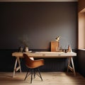 Home workplace with wooden drawer writing desk and orange chair near black wall with wainscoting. Interior design of modern