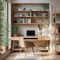 Home workplace with wooden writing desk and chair against window near bookcase. Interior design of modern home office