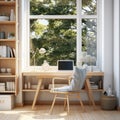 Home workplace with wooden writing desk and chair against window near bookcase. Interior design of modern home office