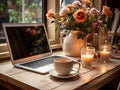 Home workspace coffee mug and laptop